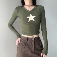 Knitted With Siamese Cap & Crop Top Women Long Sleeve T-shirt stretchable Solid green PC