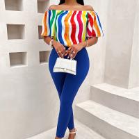 Polyester Women Casual Set slimming & off shoulder Long Trousers & short sleeve blouses printed multi-colored Set