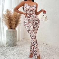 Polyester Long Jumpsuit backless & hollow printed coffee PC