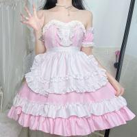 Cotton Sexy Maid Costume backless & off shoulder patchwork Others pink PC