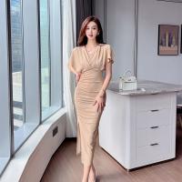 Polyester Slim Sexy Package Hip Dresses deep V & side slit Solid Apricot PC