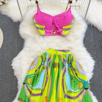 Polyester Slim & Pleated Two-Piece Dress Set midriff-baring printed mixed colors Set