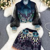 Polyester Women Casual Set slimming & two piece short & top printed black Set