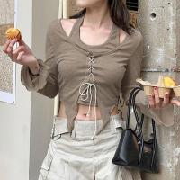 Knitted Slim & Crop Top Women Long Sleeve T-shirt & fake two piece stretchable Solid khaki PC