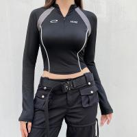 Polyester Waist-controlled & Slim Women Long Sleeve T-shirt midriff-baring Solid black PC