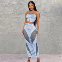 Polyester Two-Piece Dress Set backless & two piece & ankle-length blue Set