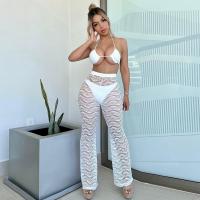 Lace & Polyester Women Long Trousers see through look & two piece & hollow Solid white Set