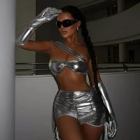 Polyester Two-Piece Dress Set midriff-baring & two piece & hollow stretchable Solid silver Set