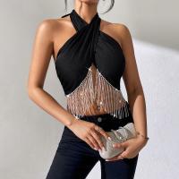 Polyester Crop Top & Tassels Tube Top backless Solid black PC