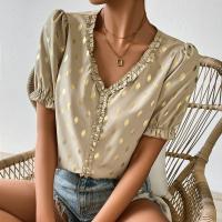 Polyester lace & Slim Women Short Sleeve T-Shirts gold foil print Apricot PC