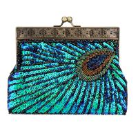 Polyester Vintage Clutch Bag attached with hanging strap Tiny Glass Beads & Sequin peacock tail pattern PC