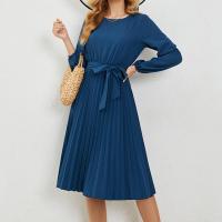 Polyester Pleated One-piece Dress mid-long style & with belt Solid blue PC