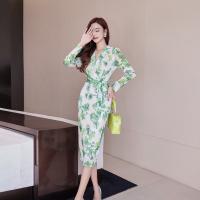 Gauze Slim Sexy Package Hip Dresses deep V printed floral green PC