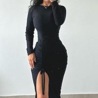 Polyester Slim Sexy Package Hip Dresses side slit Solid PC