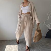 Cotton Linen High Waist Women Casual Set & two piece & with pocket Wide Leg Trousers & top Solid Set