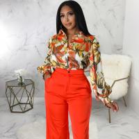 Polyester Women Long Sleeve Blouses & loose printed floral orange PC