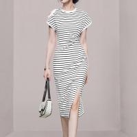 Polyester front slit Sexy Package Hip Dresses slimming patchwork striped PC