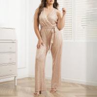 Polyester Plus Size Long Jumpsuit deep V Solid PC