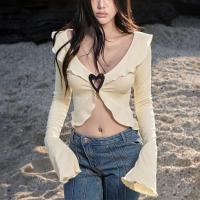 Polyester Women Long Sleeve Blouses midriff-baring & hollow patchwork Solid Apricot PC