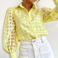 Polyester Women Long Sleeve Shirt see through look & loose plaid PC