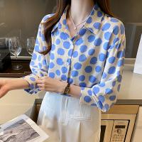 Polyester Frauen Langarm Shirt, Gedruckt, Punkt, Blau,  Stück