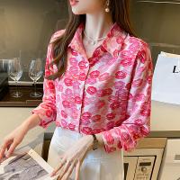 Polyester Women Long Sleeve Shirt & loose printed lip pattern pink PC