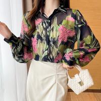 Polyester Frauen Langarm Shirt, Gedruckt, Floral, Schwarz,  Stück