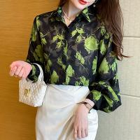 Polyester Women Long Sleeve Shirt & loose printed leaf pattern green PC