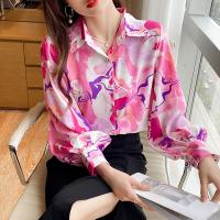 Polyester Women Long Sleeve Shirt & loose printed pink PC