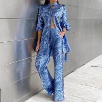 Polyester Women Casual Set & two piece Long Trousers & top printed blue Set
