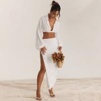Polyester High Waist Two-Piece Dress Set midriff-baring & deep V & side slit & backless & two piece patchwork Others white Set