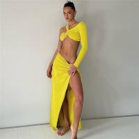 Polyester High Waist Two-Piece Dress Set midriff-baring & side slit & backless & off shoulder & One Shoulder patchwork Solid Set