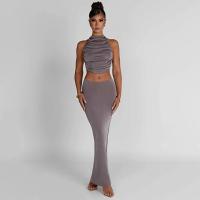 Polyester High Waist Two-Piece Dress Set midriff-baring & backless & two piece & off shoulder patchwork Solid Set