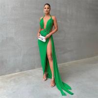 Polyester High Waist Slip Dress deep V & side slit & backless & off shoulder patchwork Solid green Set