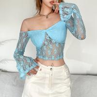 Polyester High Waist Boat Neck Top see through look & backless & off shoulder patchwork Solid blue PC