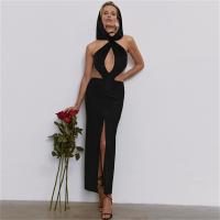 Polyester Waist-controlled & front slit & High Waist Sexy Package Hip Dresses deep V & backless & off shoulder & hollow patchwork Solid black PC