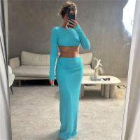 Polyester High Waist Two-Piece Dress Set midriff-baring & side slit & two piece patchwork Solid Apricot Set