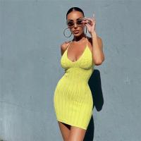 Polyester High Waist Sexy Package Hip Dresses deep V & backless & off shoulder patchwork Solid PC