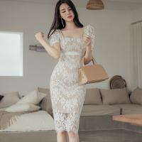 Lace Slim Sexy Package Hip Dresses back split patchwork white PC