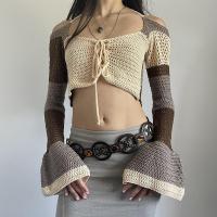 Polyester Women Sweater midriff-baring & backless patchwork khaki PC