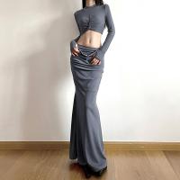Polyester Two-Piece Dress Set midriff-baring  patchwork Solid gray Set
