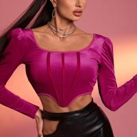 Knitted Slim & High Waist Women Long Sleeve Blouses midriff-baring patchwork Others fuchsia PC