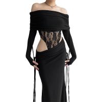 Polyester Slim & High Waist Two-Piece Dress Set backless & two piece & off shoulder patchwork Solid black Set