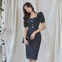 Polyester Waist-controlled & Slim Sexy Package Hip Dresses printed dot black PC