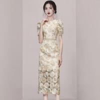 Lace Slim Sexy Package Hip Dresses & hollow patchwork Apricot PC