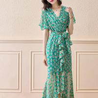 Polyester Slim One-piece Dress printed shivering green PC