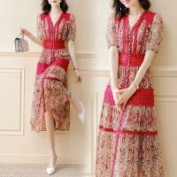 Polyester Slim One-piece Dress printed shivering red PC