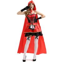 Satin & Milk Fiber Women Little Red Riding Hood Costume & four piece Sock & Cape & dress & glove Solid red Set