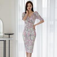 Polyester Slim Sexy Package Hip Dresses deep V printed PC