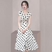 Chiffon Waist-controlled One-piece Dress large hem design & deep V printed dot white PC